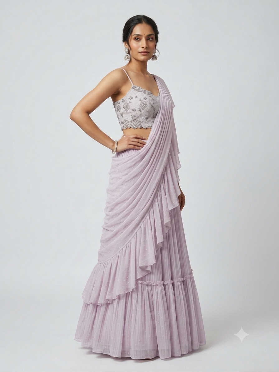 Pre-Draped Saree Lehenga Set with Heavy Embellished Bustier Blouse 
