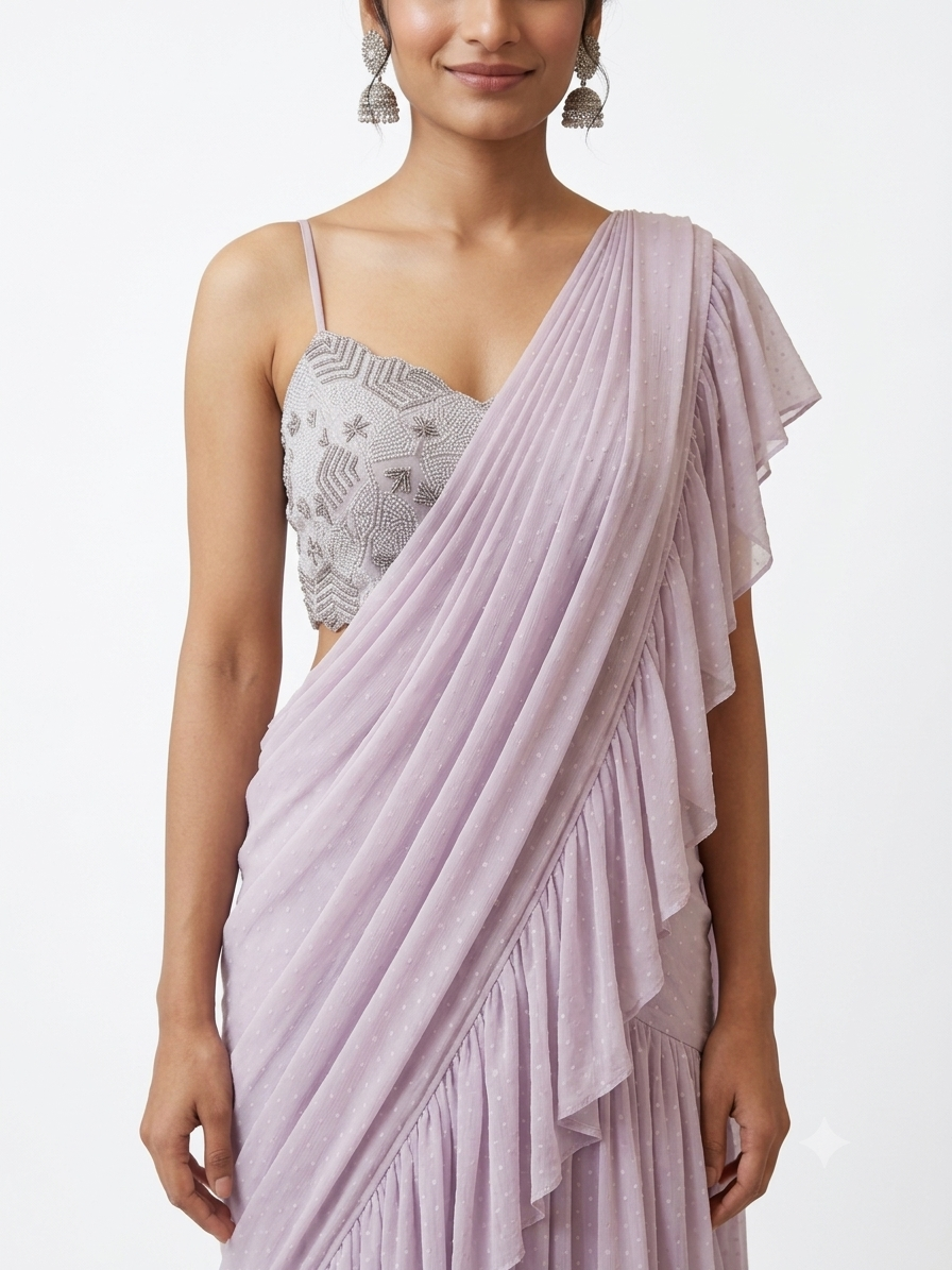 Pre-Draped Saree Lehenga Set with Heavy Embellished Bustier Blouse 