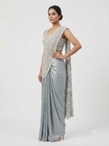 Premium Shimmer Metallic Crop Top & Draped Skirt Set with Pearl Embellishment