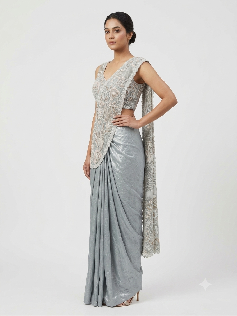 Premium Shimmer Metallic Crop Top & Draped Skirt Set with Pearl Embellishment