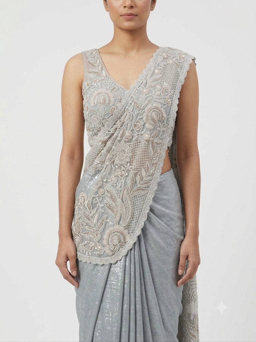Premium Shimmer Metallic Crop Top & Draped Skirt Set with Pearl Embellishment