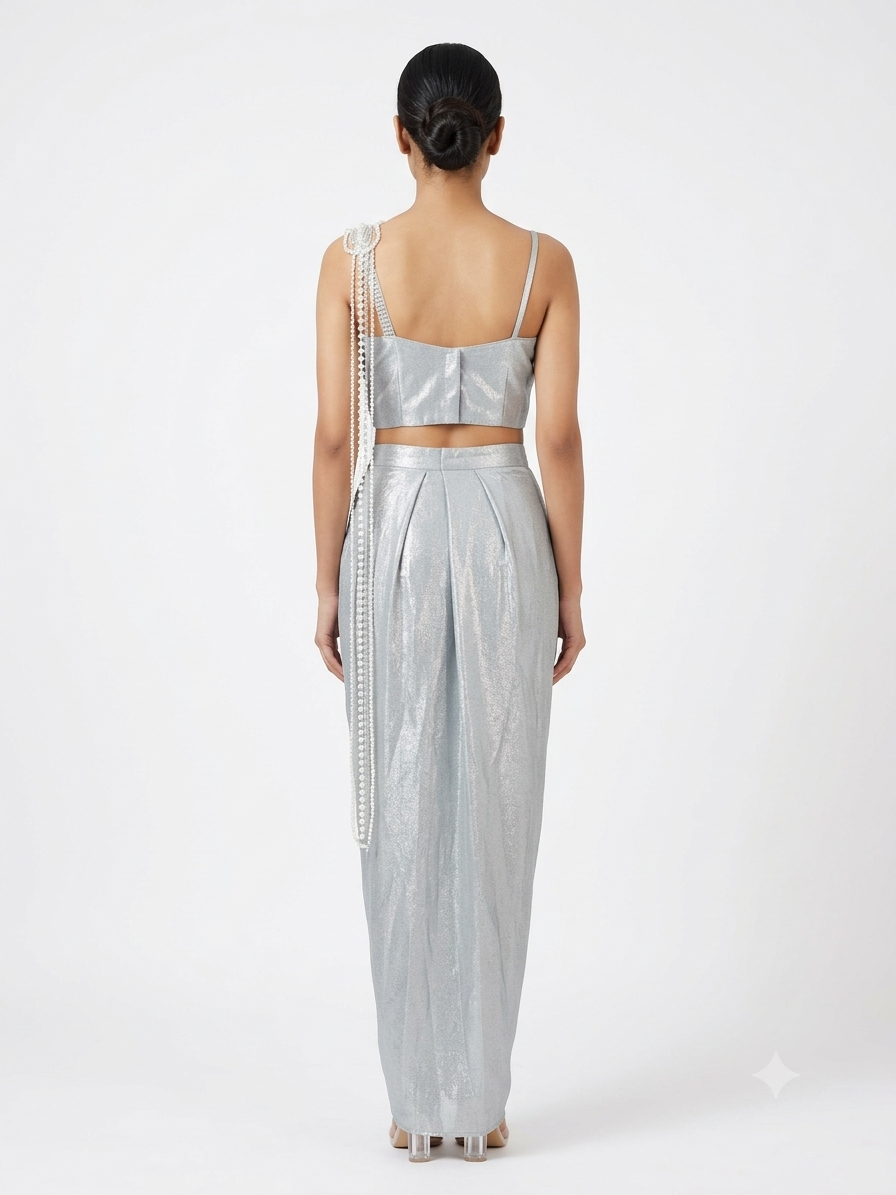 Premium Shimmer Metallic Crop Top & Draped Skirt Set with Pearl Embellishment