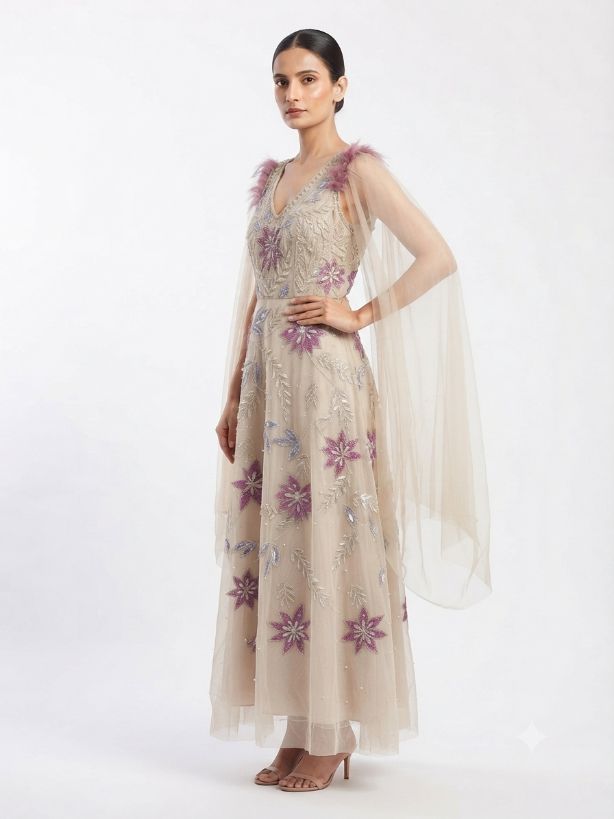 Designer Net Long Gown with Floral Embroidery