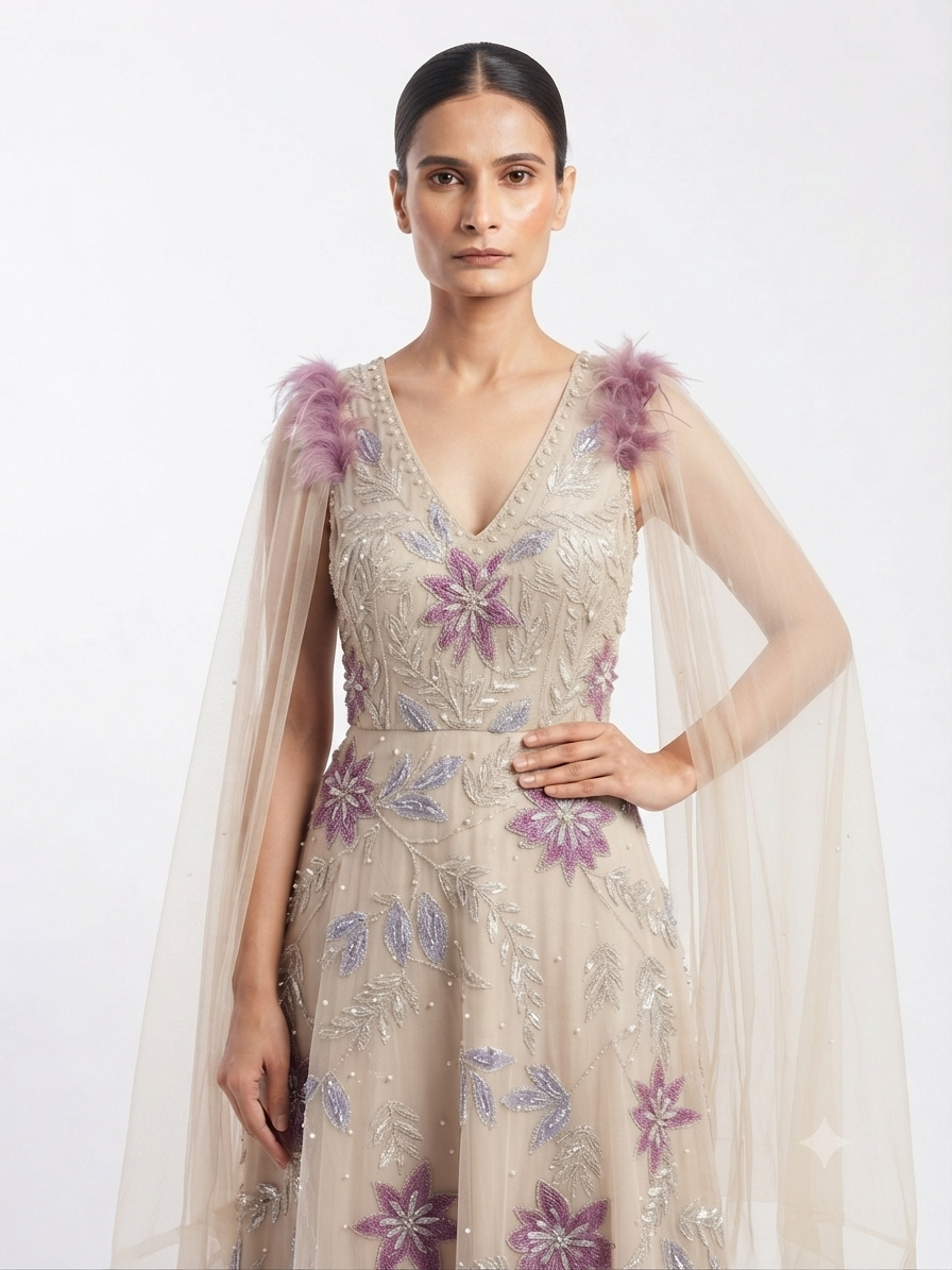 Designer Net Long Gown with Floral Embroidery