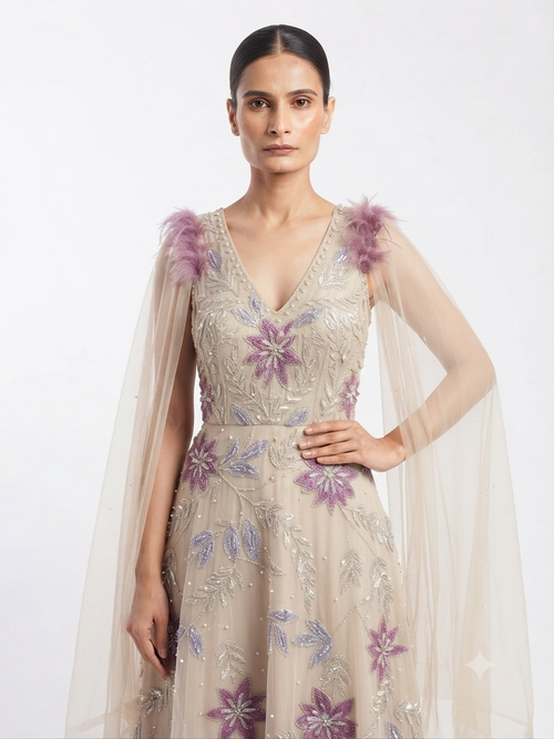 Designer Net Long Gown with Floral Embroidery