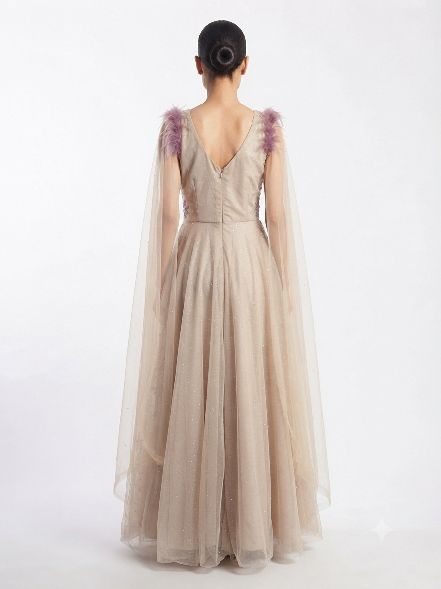Designer Net Long Gown with Floral Embroidery