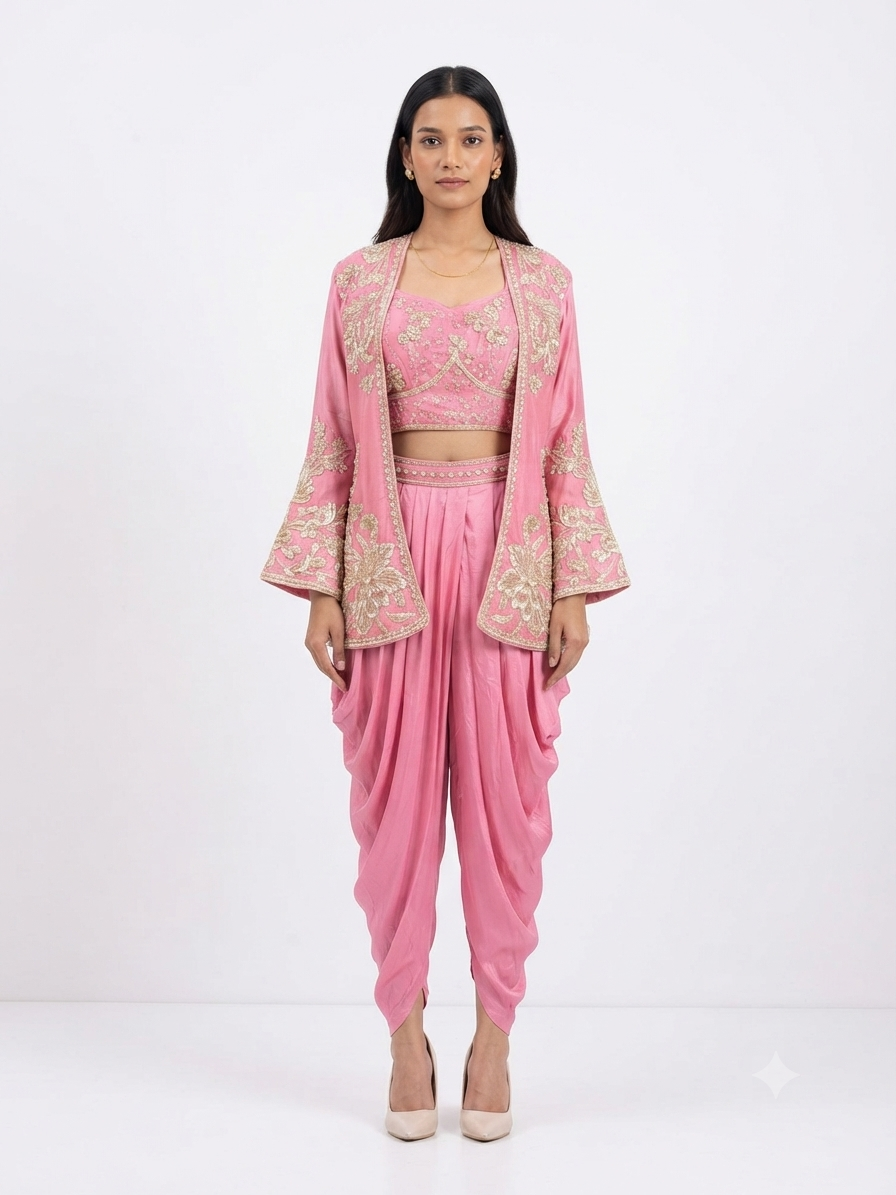 Embroidered Crop Top with Dhoti Pants and Matching Jacket Set