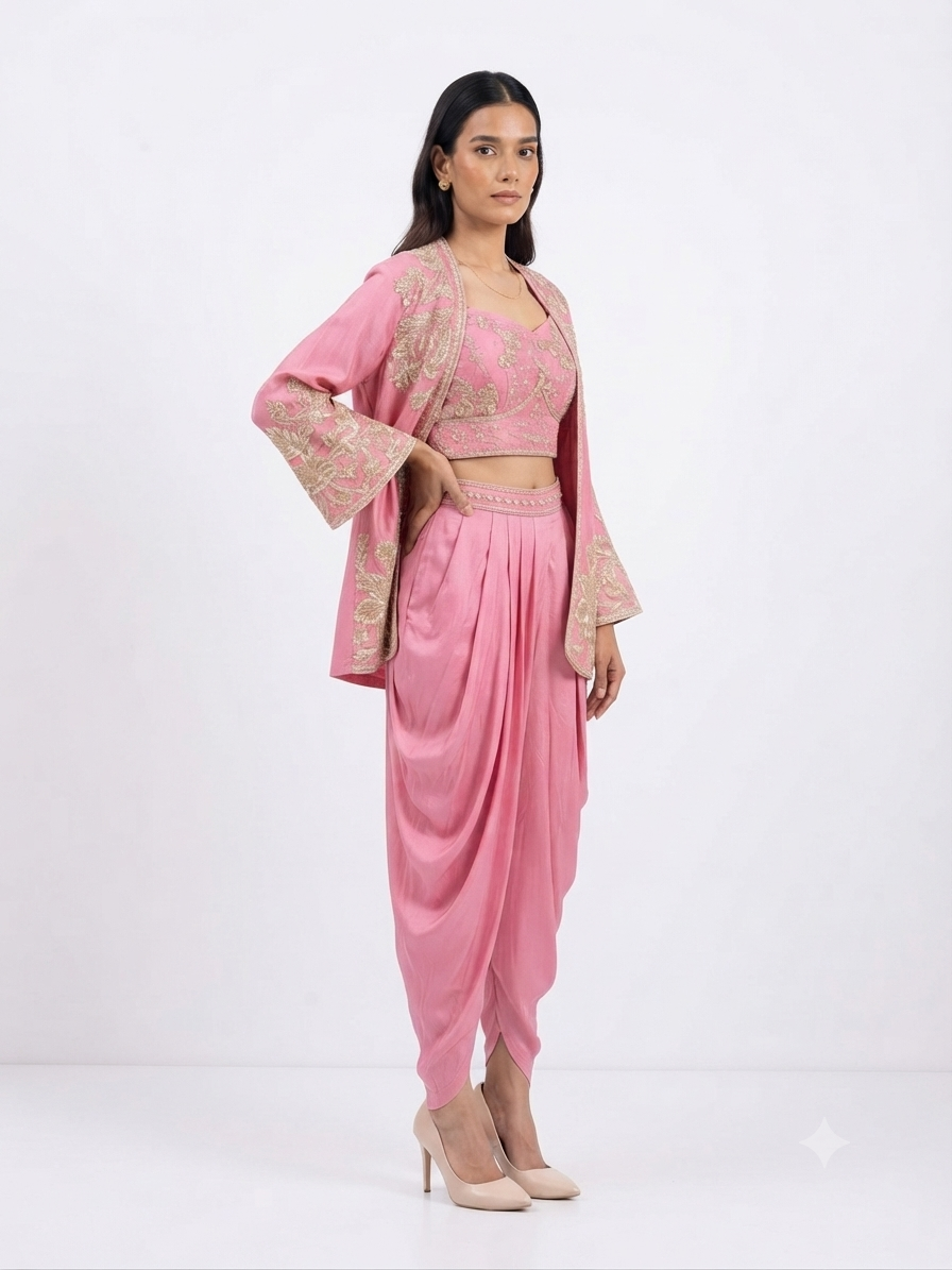 Embroidered Crop Top with Dhoti Pants and Matching Jacket Set