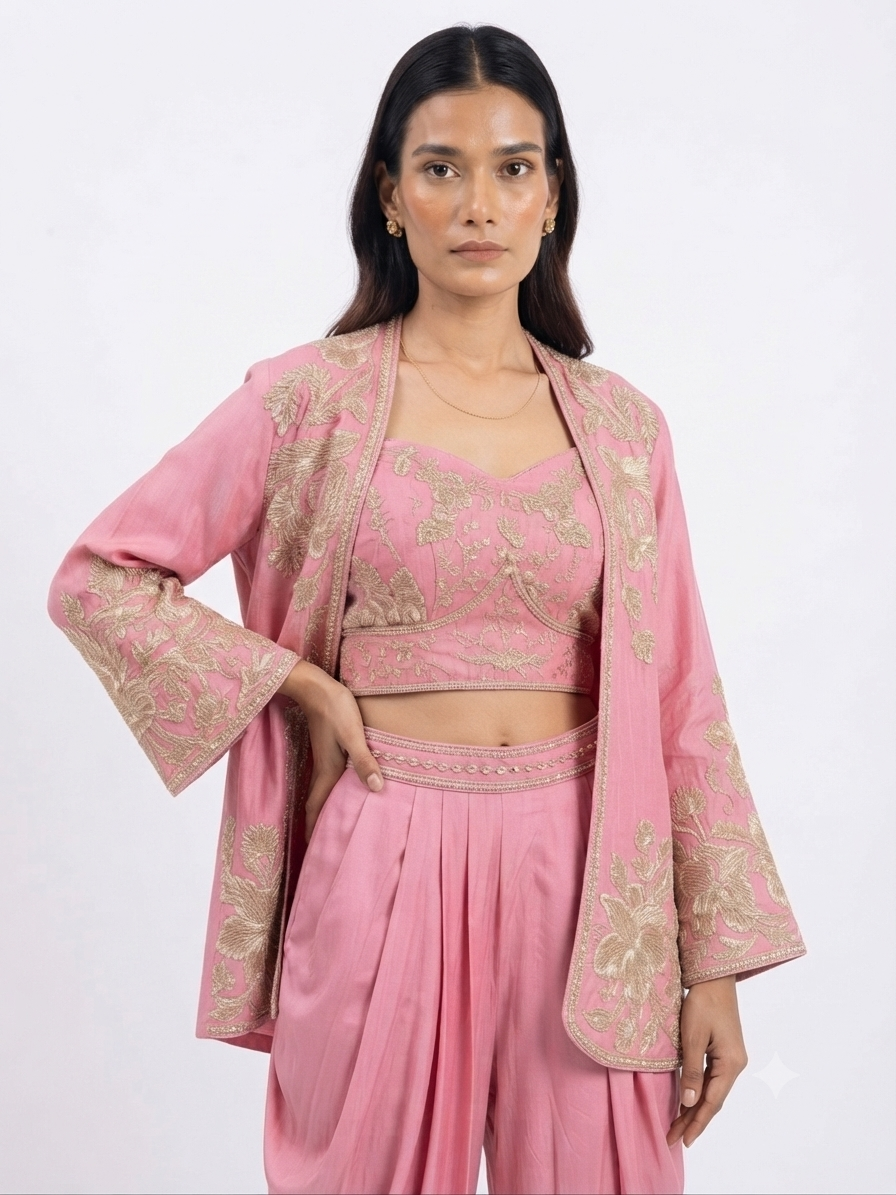 Embroidered Crop Top with Dhoti Pants and Matching Jacket Set