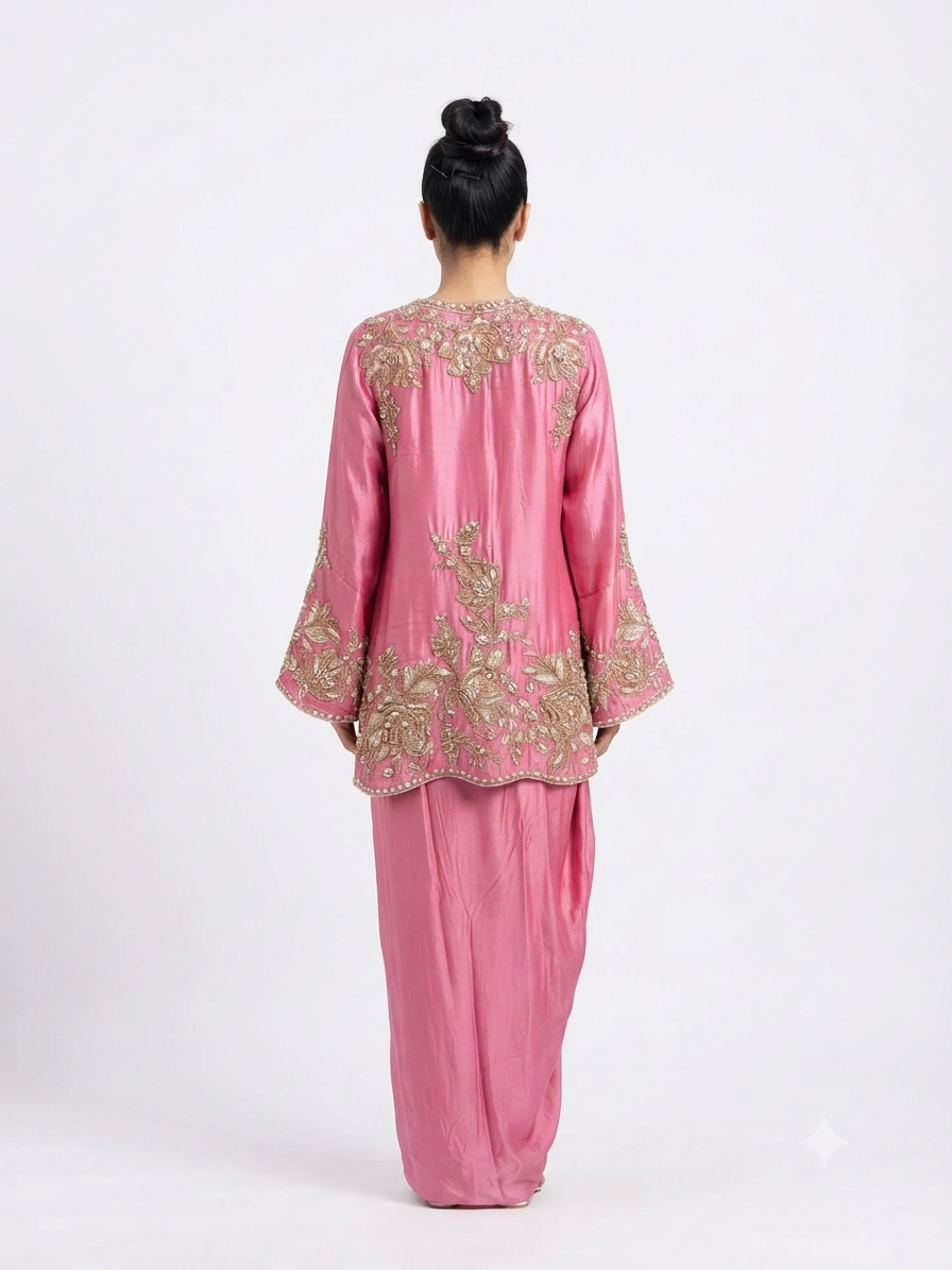 Embroidered Crop Top with Dhoti Pants and Matching Jacket Set