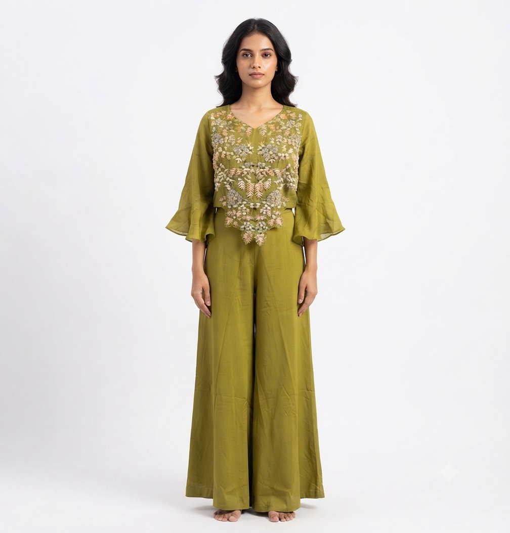 Designer Olive Green Peplum Crop Top with Flared Palazzo Set