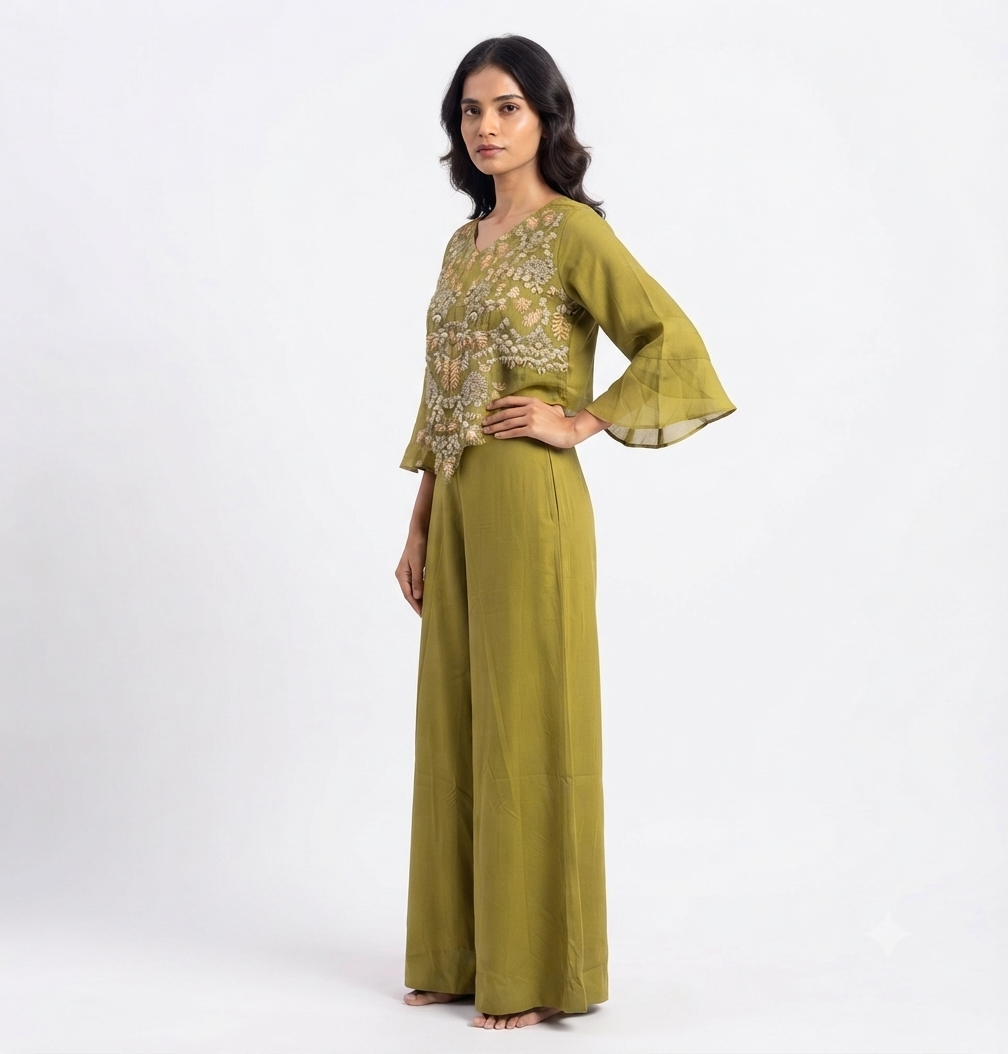 Designer Olive Green Peplum Crop Top with Flared Palazzo Set