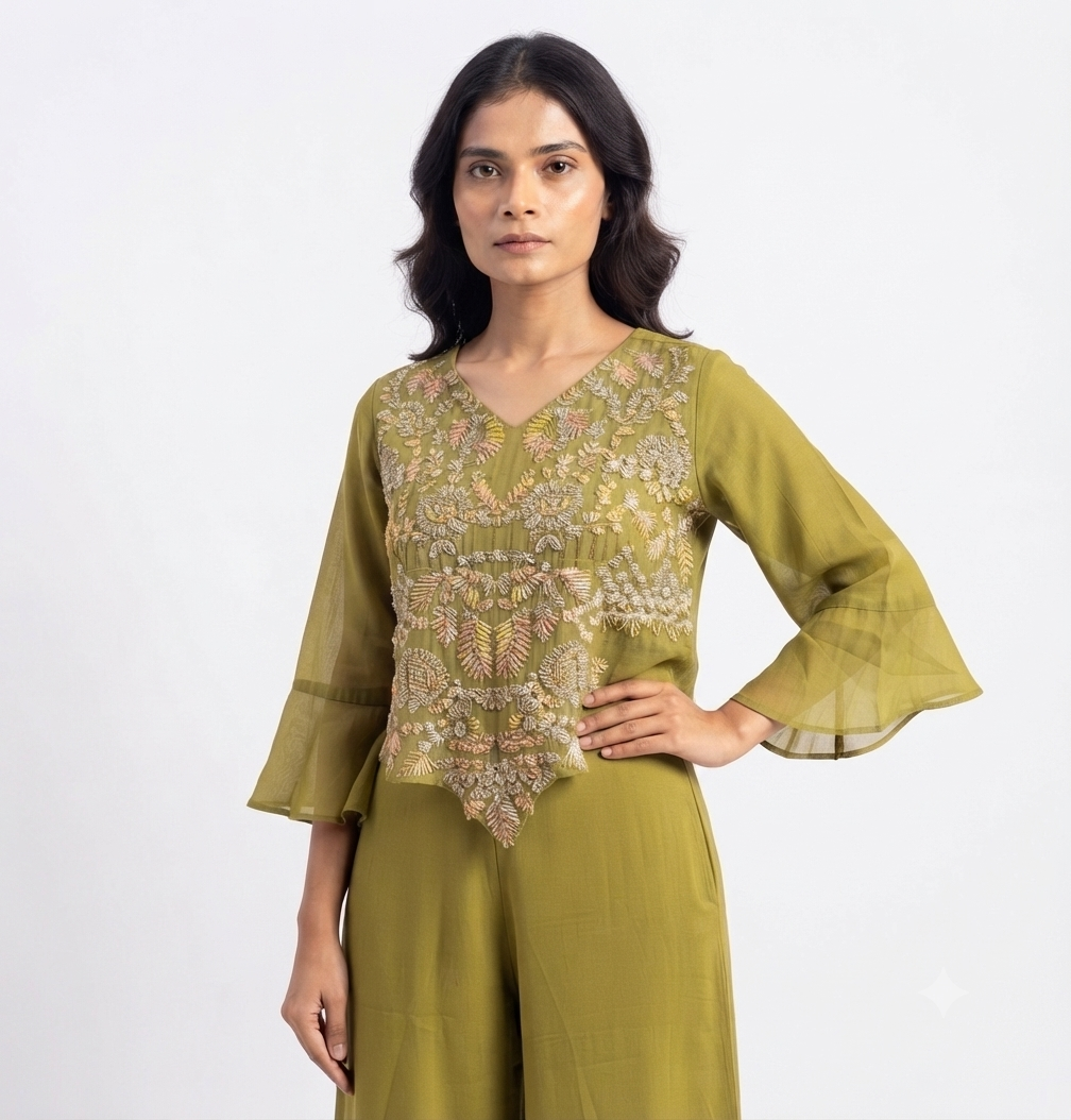 Designer Olive Green Peplum Crop Top with Flared Palazzo Set