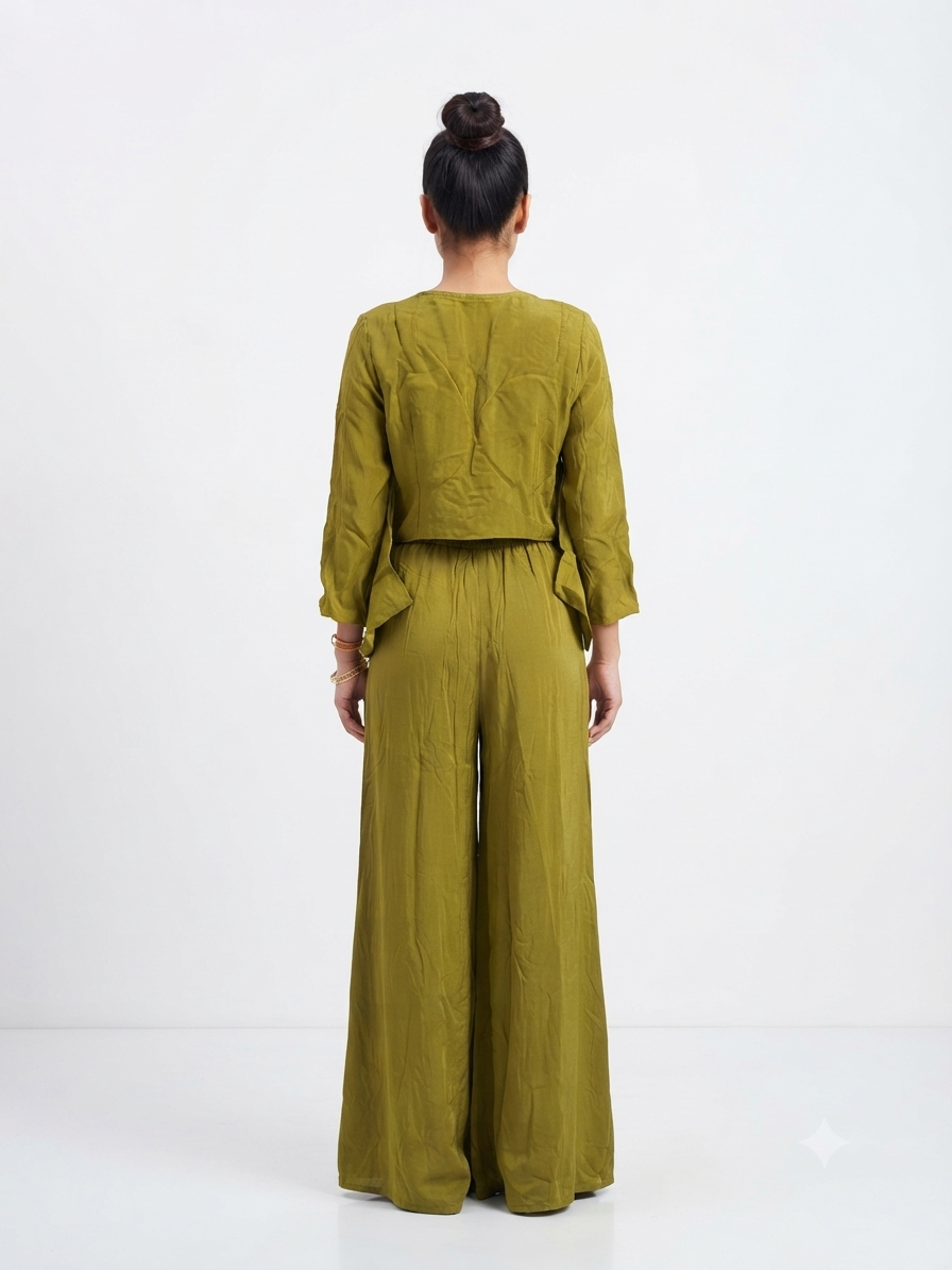Designer Olive Green Peplum Crop Top with Flared Palazzo Set