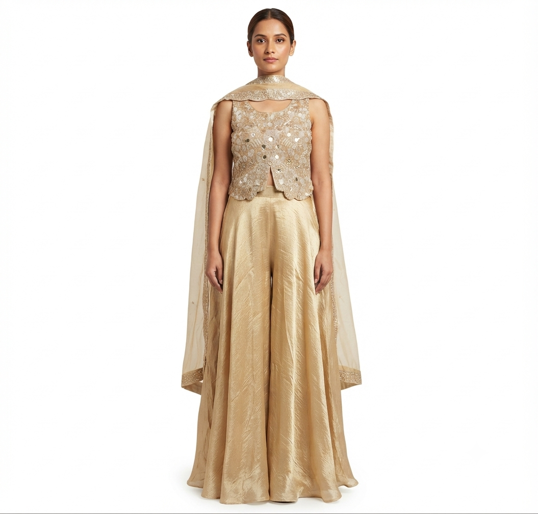 Designer Palazzo Set with Embellished Crop Top & Cape
