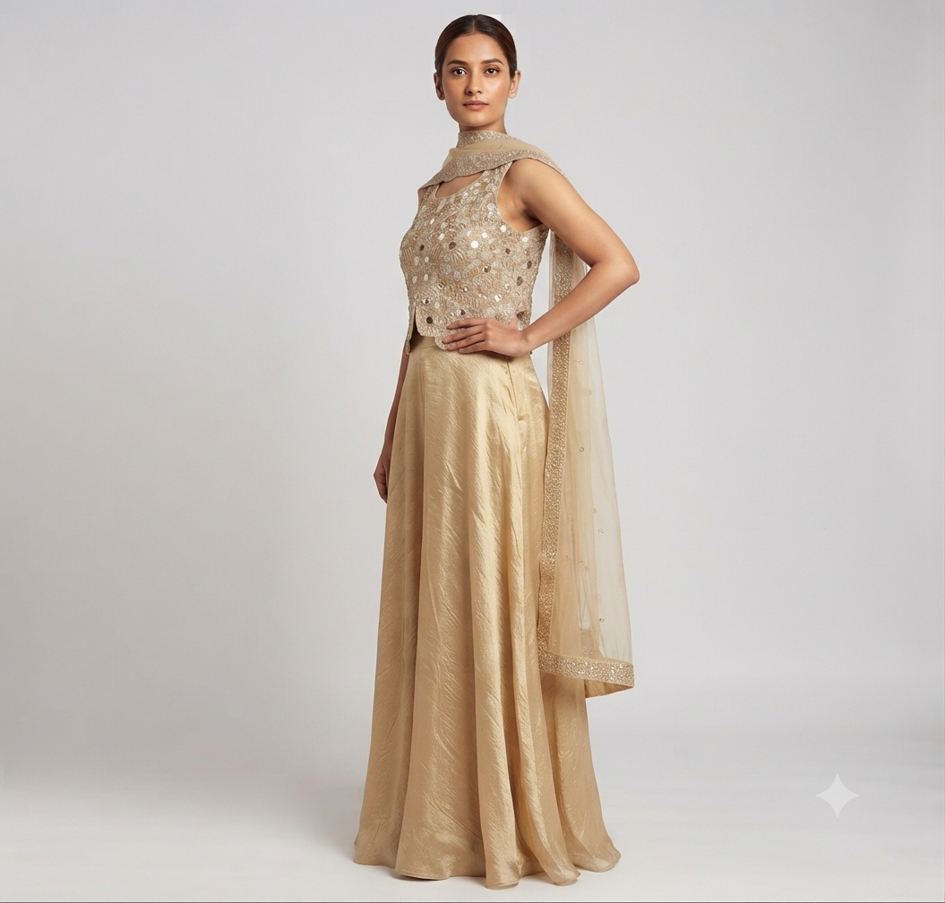 Designer Palazzo Set with Embellished Crop Top & Cape