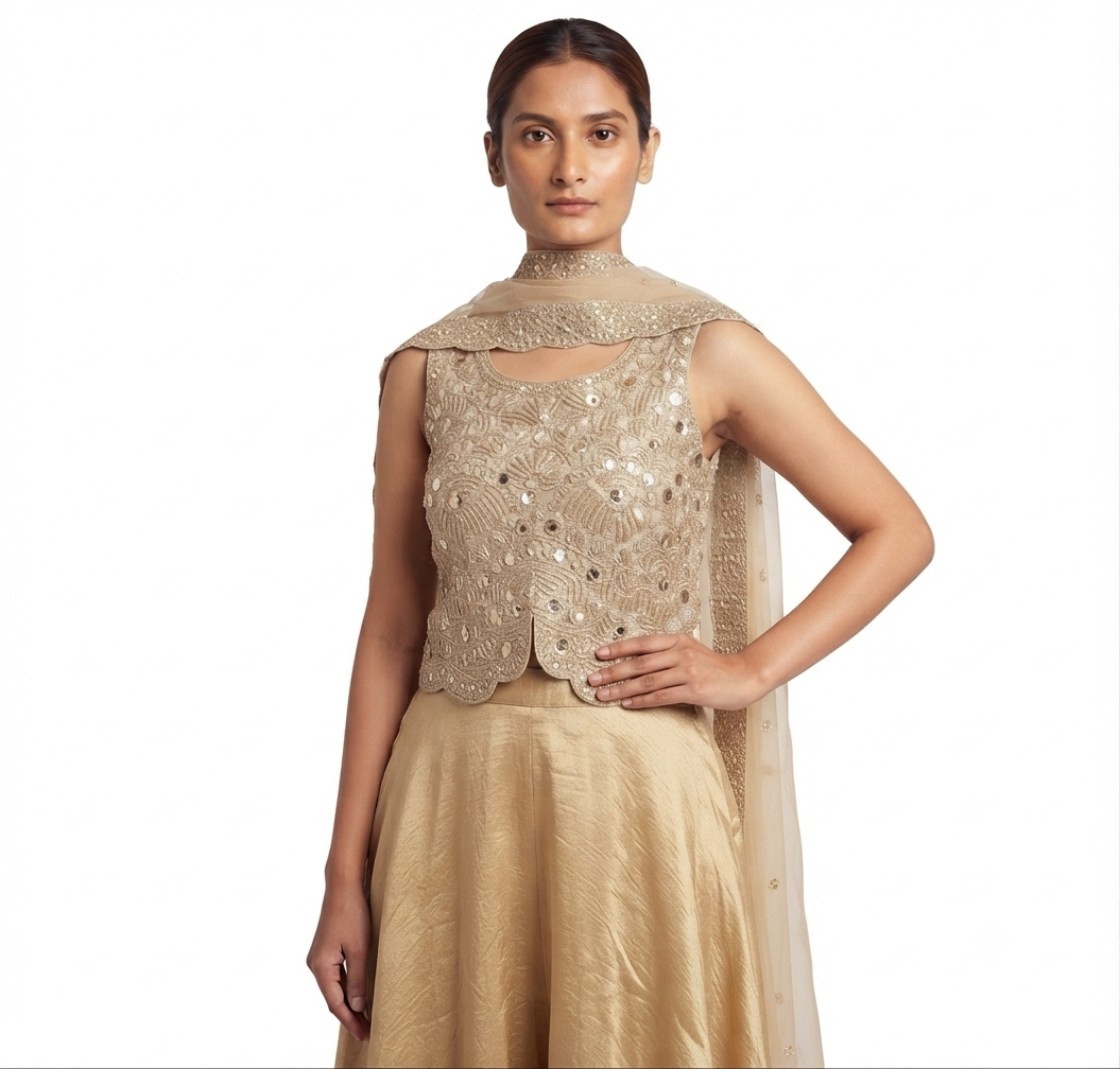 Designer Palazzo Set with Embellished Crop Top & Cape