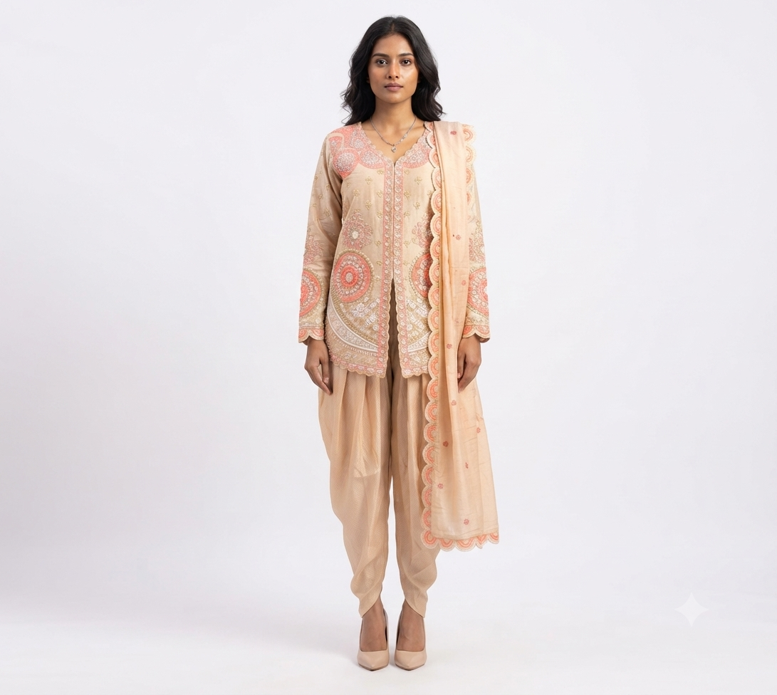 Indo-Western Dhoti Set (Short Jacket with Dhoti Pants and Dupatta) 
