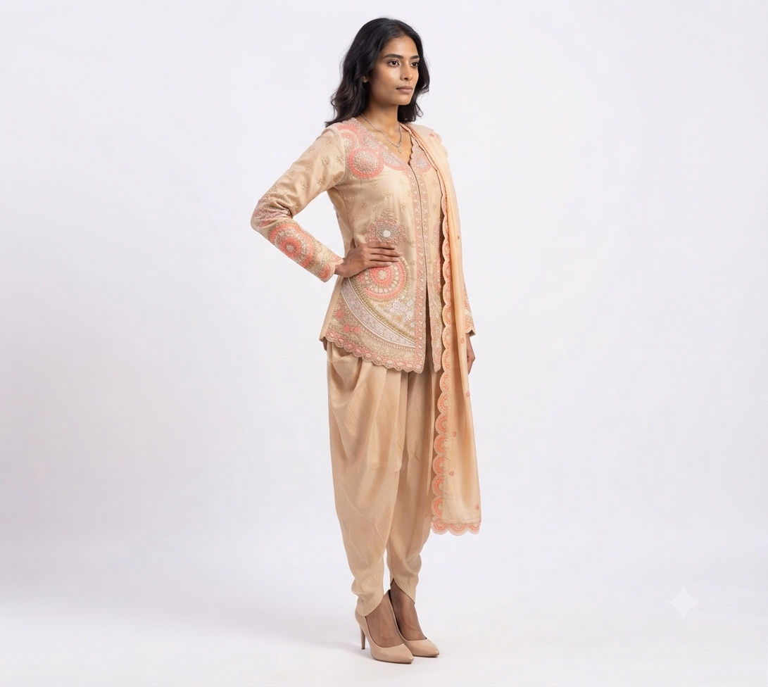 Indo-Western Dhoti Set (Short Jacket with Dhoti Pants and Dupatta) 