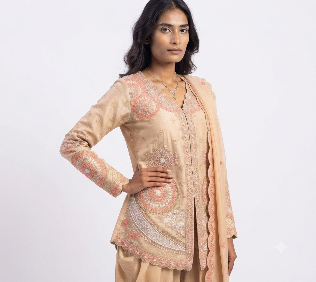 Indo-Western Dhoti Set (Short Jacket with Dhoti Pants and Dupatta) 