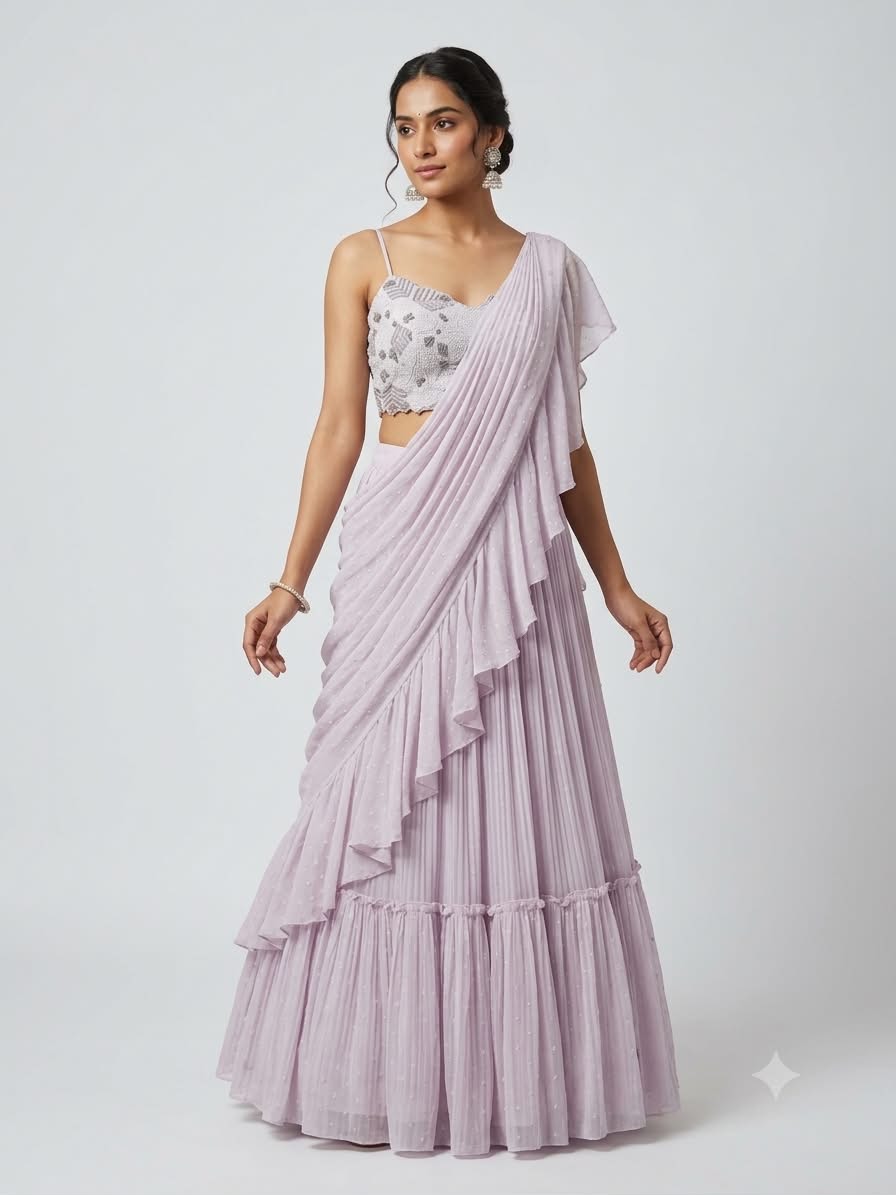 Pre-Draped Saree Lehenga Set with Heavy Embellished Bustier Blouse 
